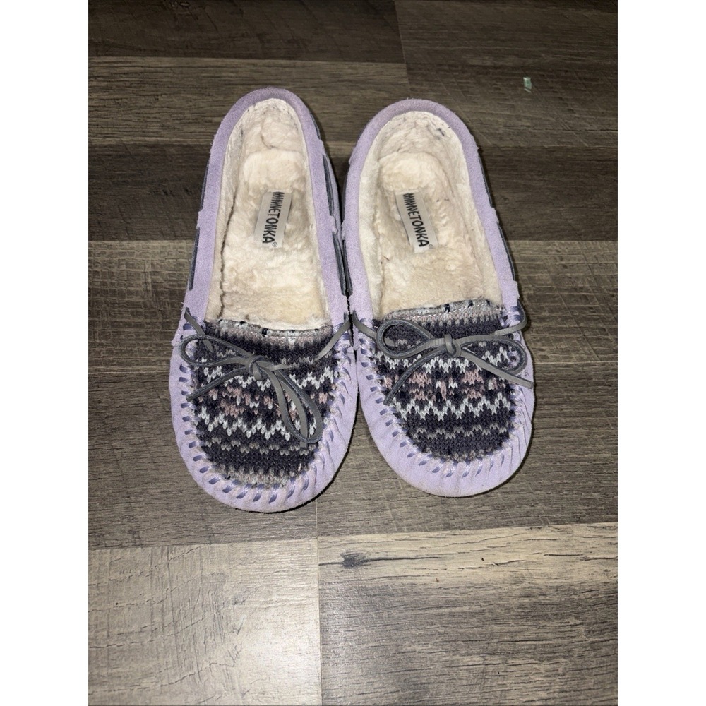 Minnetonka Womens Knit Slippers Purple 40403 Suede Faux Fur Flat Comfort Shoes 9